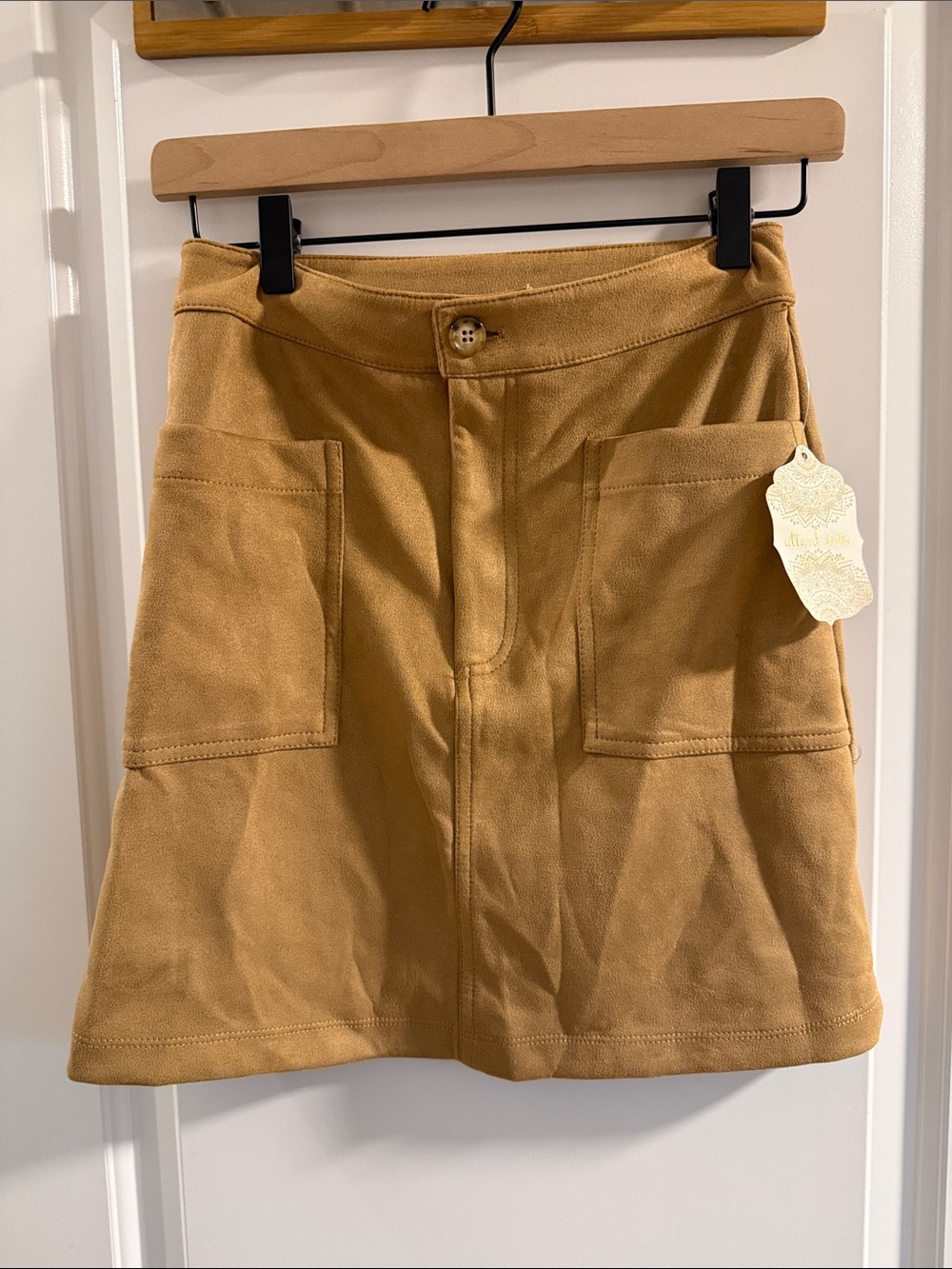 Altar'd State Camel Tan A-Line Mini Skirt with Patch Pockets